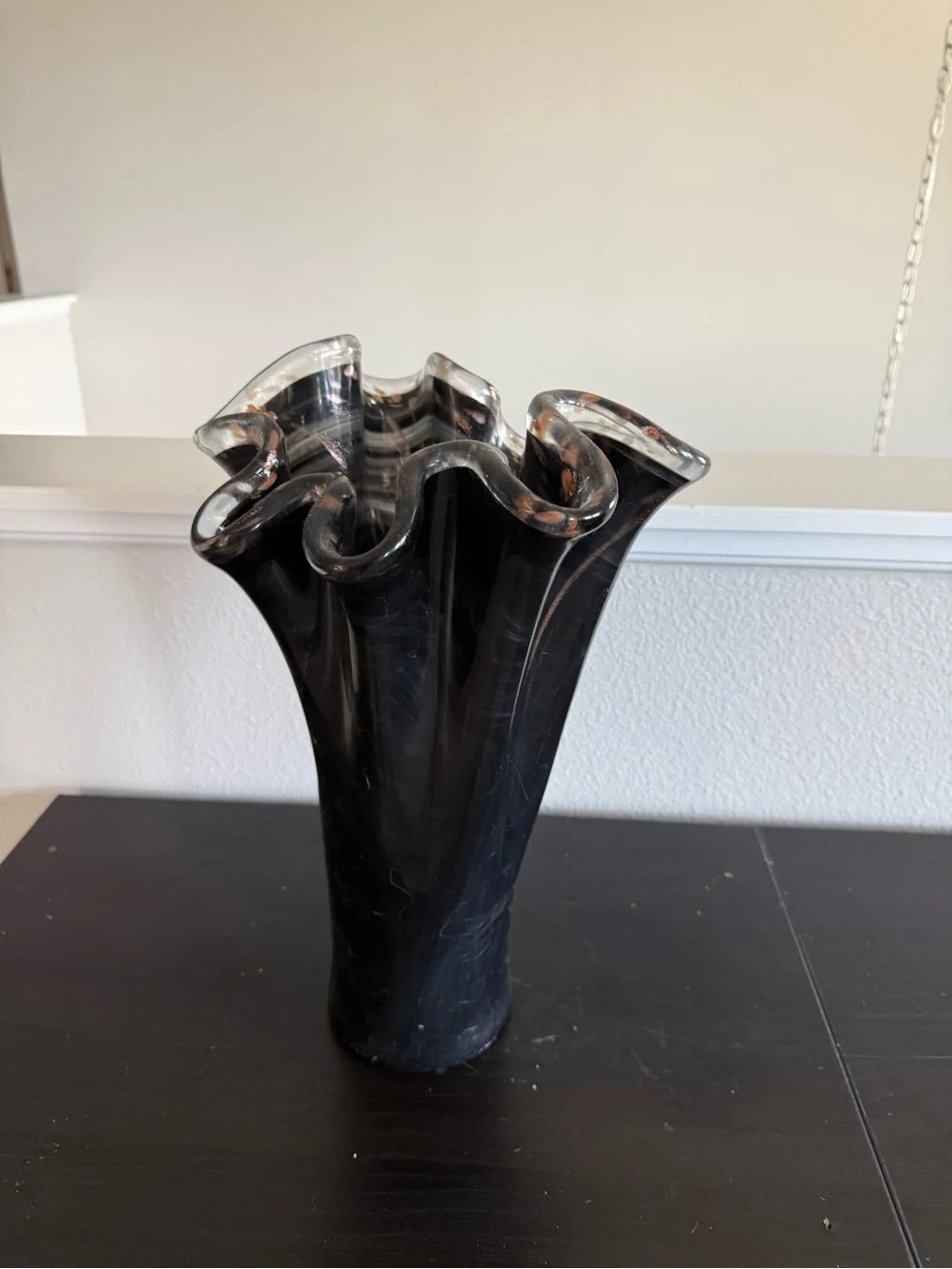 murano italy brown- Black Ruffled Glass Vase - Unbranded